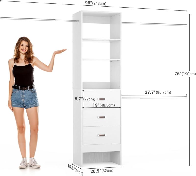Photo 1 of Besiost 96'' Closet Organizer System with 3 Hanging Rods, 8FT Closet Organizers and Storage with 3 Wooden Drawers, Built in Closet Organizer Systems, Adjustable Walk-in Wardrobe from 5-8FT, White
