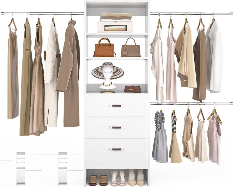 Photo 1 of Besiost 96'' Closet Organizer System with 3 Hanging Rods, 8FT Closet Organizers and Storage with 3 Wooden Drawers, Built in Closet Organizer Systems, Adjustable Walk-in Wardrobe from 5-8FT, White