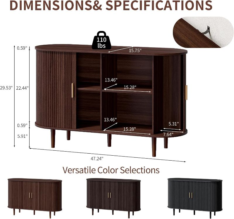 Photo 1 of 47.2" Sideboard Buffet Cabinet with Storage,Mid Century Modern Fluted Accent Coffee Bar Console Table,Tambour Sliding Doors& Adjustable Shelf for Kitchen, Living Room, Entryway (Walnut