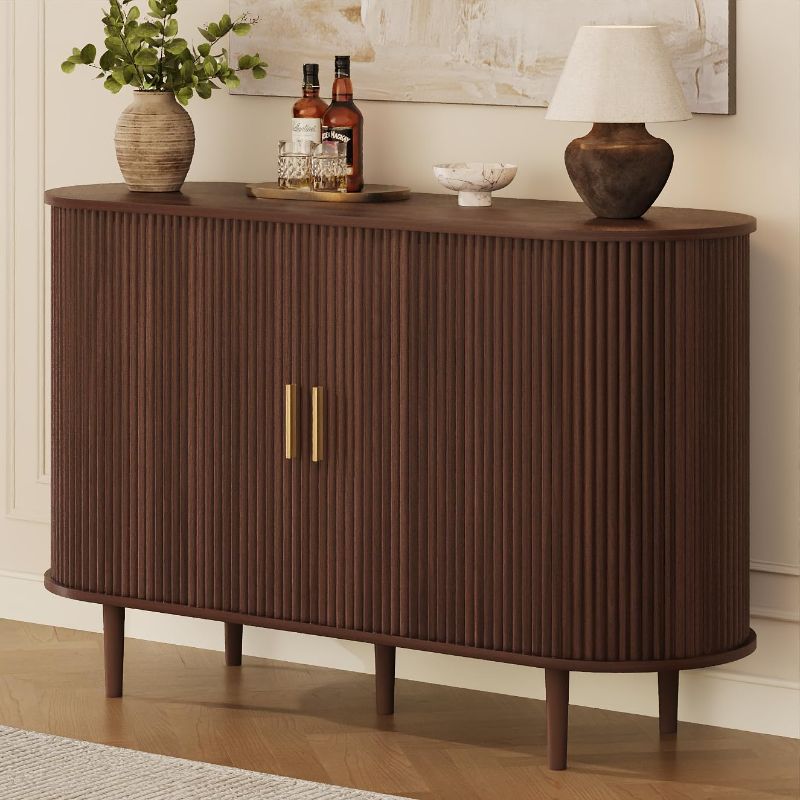 Photo 1 of 47.2" Sideboard Buffet Cabinet with Storage,Mid Century Modern Fluted Accent Coffee Bar Console Table,Tambour Sliding Doors& Adjustable Shelf for Kitchen, Living Room, Entryway (Walnut
