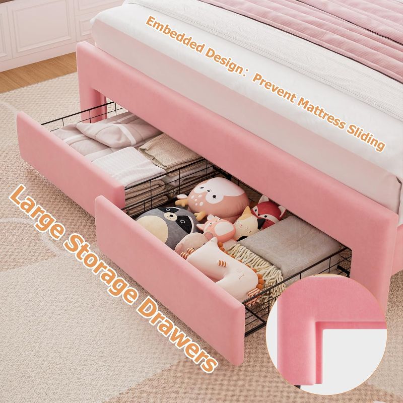 Photo 1 of Full Upholstered Bed Frame with 2 Storage Drawers and Wavy Headboard, Velvet Princess Platform Bed with Charing Station, Solid Wood Slats Support,No Box Spring Needed, Pink