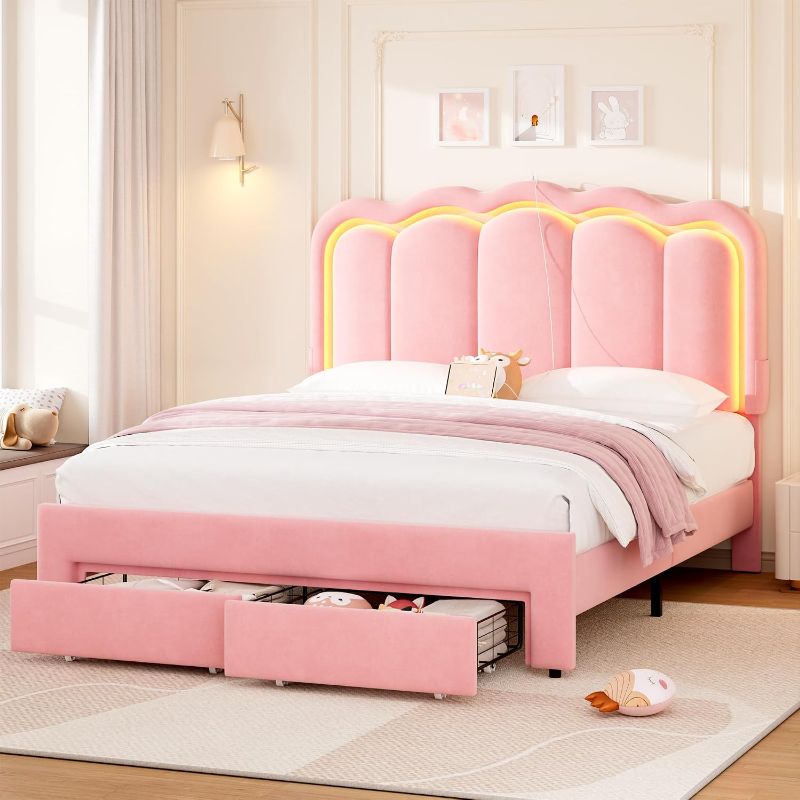 Photo 1 of Full Upholstered Bed Frame with 2 Storage Drawers and Wavy Headboard, Velvet Princess Platform Bed with Charing Station, Solid Wood Slats Support,No Box Spring Needed, Pink