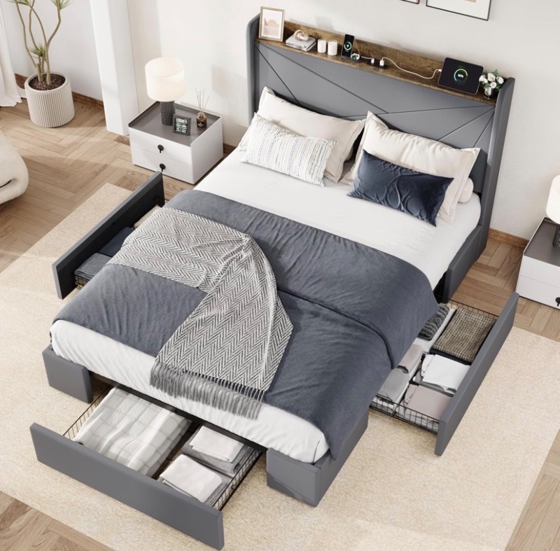 Photo 1 of Allewie Queen Size Bed Frame with Storage Drawer and USB Ports, Grey