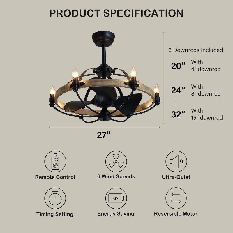 Photo 1 of 27'' Farmhouse Ceiling Fan with Light Remote Control, Vintage Cage Ceiling Fan with Lights, Rustic Chandelier Fan for Kitchen Dining Room Living Room