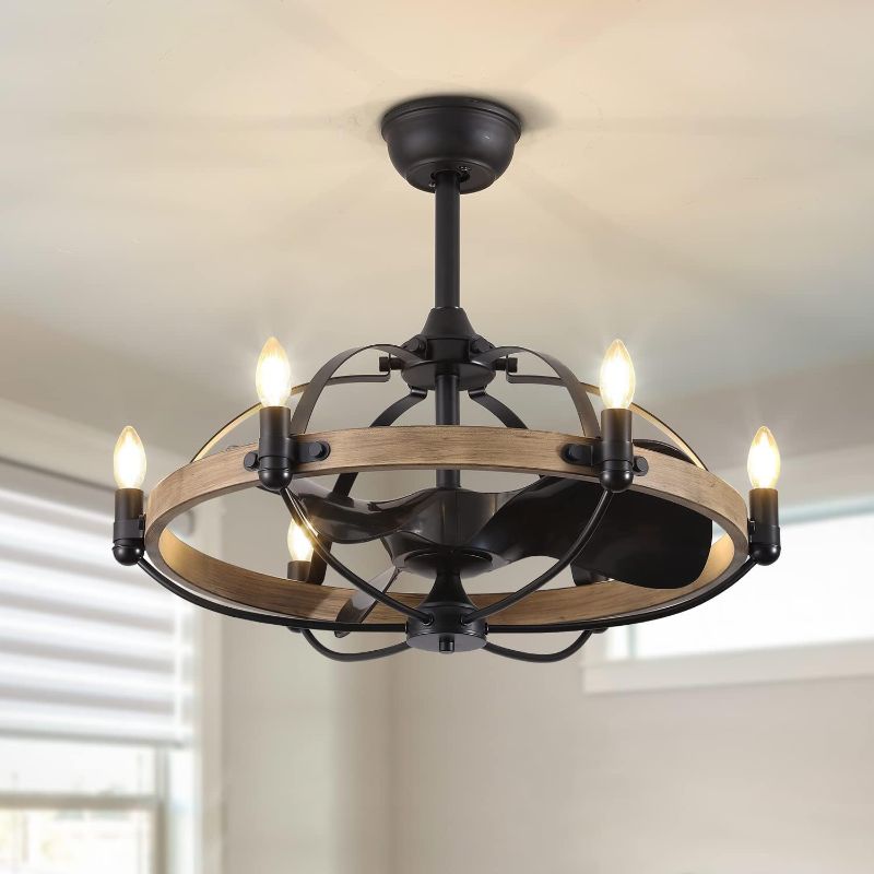 Photo 1 of 27'' Farmhouse Ceiling Fan with Light Remote Control, Vintage Cage Ceiling Fan with Lights, Rustic Chandelier Fan for Kitchen Dining Room Living Room