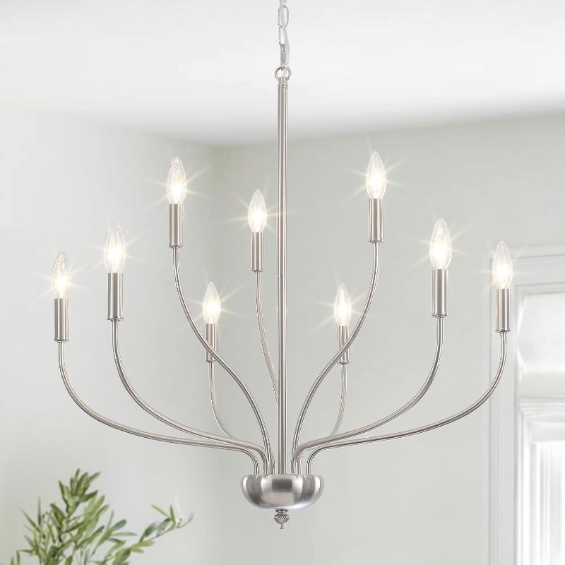 Photo 1 of 9-Light Brushed Nickel Chandelier, Farmhouse Chandelier for Dining Room Lighting Fixture, 28'' Rustic Industrial Modern Candle Chandelier for Bedroom, Kitchen, Living Room, Foyer and Hallway
