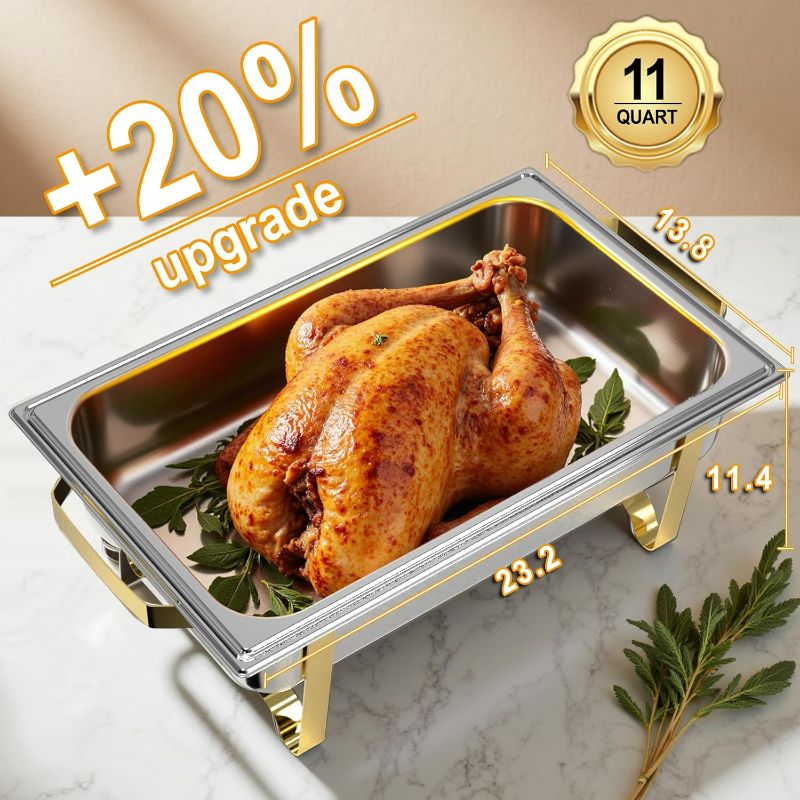 View 2 of Chafing Dish Buffet Sets of 4, 11QT Stainless Steel Rectangular Chafers and Buffet Warmer Sets for Catering, with Food & Water Pan, Lid, Gold Foldable Frame (4 Pack Gold Rectangle)