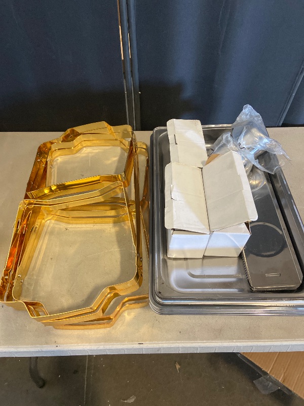 View 3 of Chafing Dish Buffet Sets of 4, 11QT Stainless Steel Rectangular Chafers and Buffet Warmer Sets for Catering, with Food & Water Pan, Lid, Gold Foldable Frame (4 Pack Gold Rectangle)