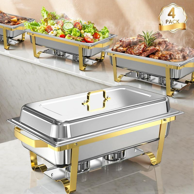 Photo 1 of Chafing Dish Buffet Sets of 4, 11QT Stainless Steel Rectangular Chafers and Buffet Warmer Sets for Catering, with Food & Water Pan, Lid, Gold Foldable Frame (4 Pack Gold Rectangle)