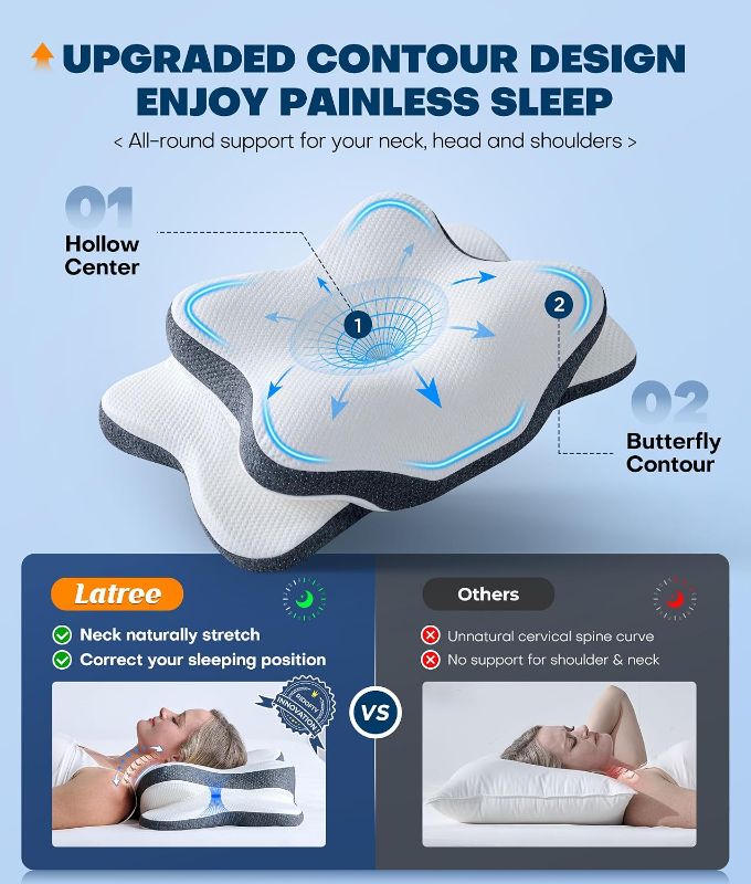 View 2 of 5X Pain Relief Cervical Neck Pillow for Neck Support, Ergonomic Cooling Side Sleeper Pillow for Sleeping, Odorless Contour Memory Foam Pillows, Orthopedic Bed Pillow for Side Back Stomach Sleeper