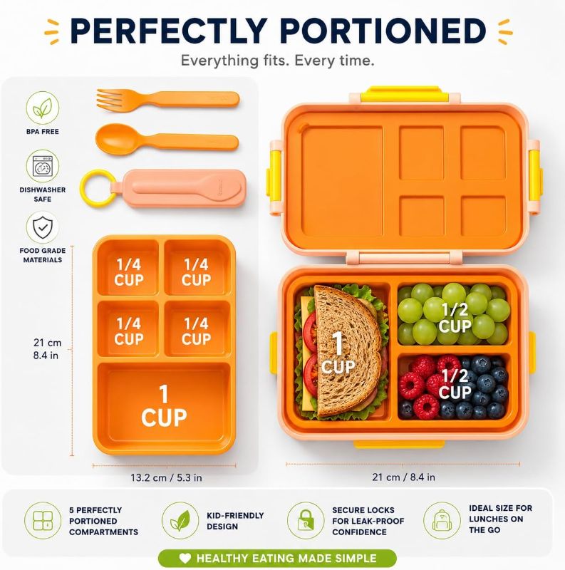 View 2 of ovve Bento Box for Kids & Cutlery Set – Leakproof Kids Lunch Box, Interchangeable Inserts, BPA-Free, Dishwasher Safe Lunch Containers for School, Preschool, Toddler (Orange)