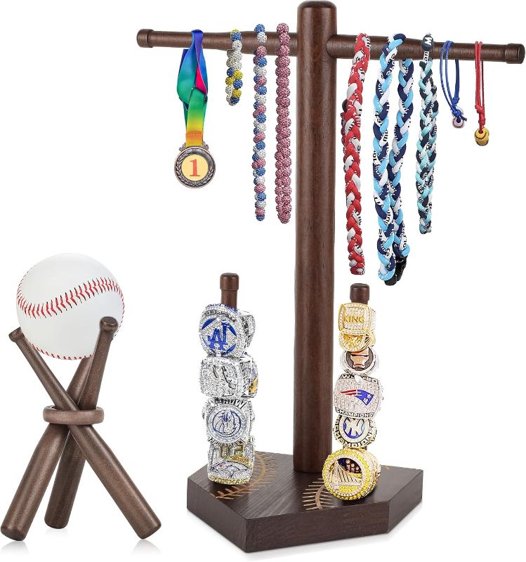 Photo 1 of Baseball Ring & Drip Necklace Holder, Wooden Baseball or Softball Ring Display Holder with Baseball Stand, Baseball Accessories Decor, Men Gift for Baseball Players and Lovers