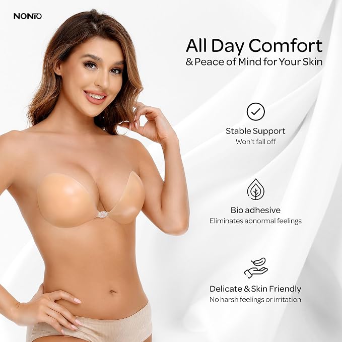View 2 of NONIO Adhesive Bra Strapless Sticky Invisible Push up Reusable Silicone The Best Off Backless Viscous for Women