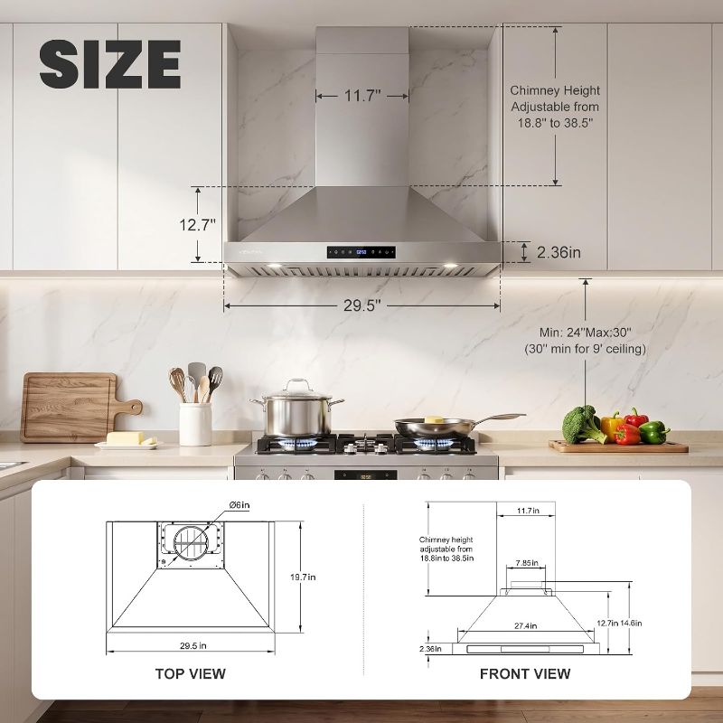 View 2 of Wall Mount Range Hood 30 Inch, 1200 CFM Kitchen Vent Hood with Gesture Touch Control, 8-Speed Fan, Delay Shut Off Timer, Ducted & Ductless Convertible Duct, Charcoal Filter Included