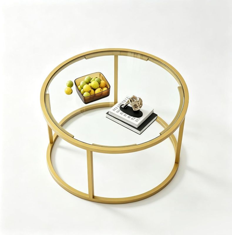 Photo 1 of Round Glass Coffee Table with Black Metal Frame, 27 inch