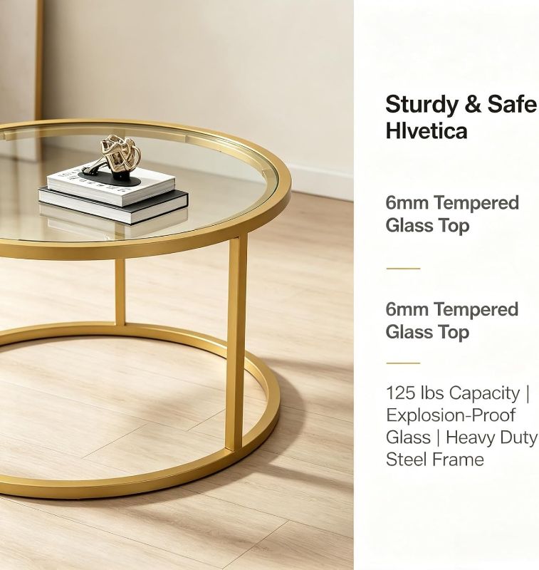 View 2 of Round Glass Coffee Table with Black Metal Frame, 27 inch