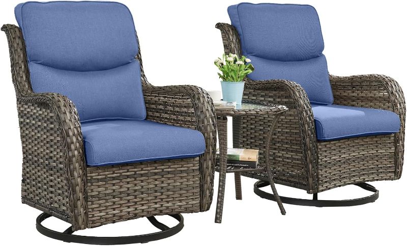 Photo 1 of 2 Piece set Outdoor Wicker Patio Swivel Rocker Chair with Table, High Back Blue