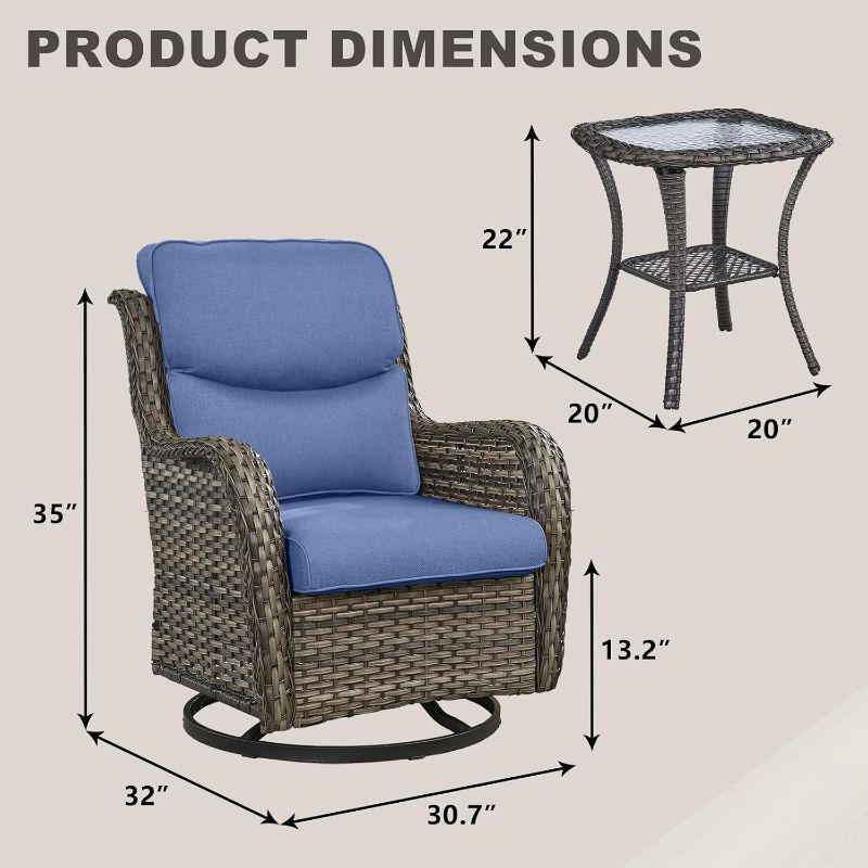 View 2 of 2 Piece set Outdoor Wicker Patio Swivel Rocker Chair with Table, High Back Blue