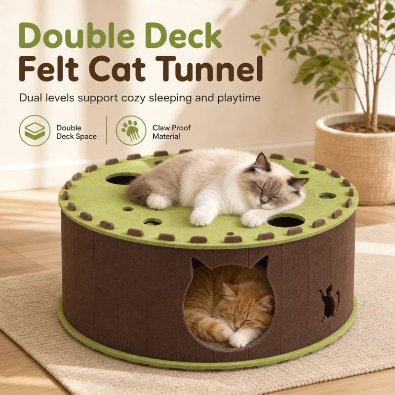 View 2 of Felt Donut Cat Tunnel Bed and Interactive Toy,Double Deck Donut Cat Cave House with Sunken Nest, Claw Resistant Hideaway Play Toy Cozy Cat Cave Bed for Indoor Kittens Cats?Model 4 (23.6 x 11.8 in)