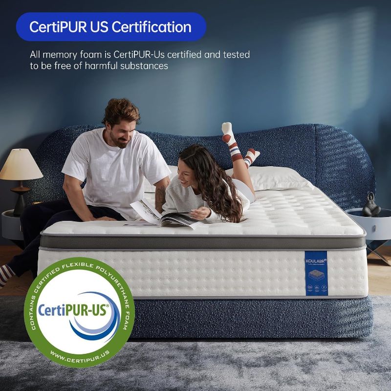 View 2 of KOULABR Z Queen Size Mattress, 14 Inch Hybrid Mattress in a Box, Gel Memory Foam Individually Wrapped Pocket Coils Innerspring Pressure Relief, Firm
