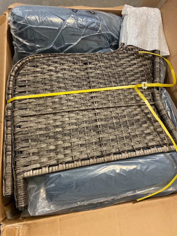 View 2 of Patio Furniture Set, 3 Pieces Outdoor Wicker High Back Sofa with Ottoman and Comfy Cushions, Upgraded Large Size, All Weather High Back Conversation Set, (Brown/Blue) New in factory seals and box