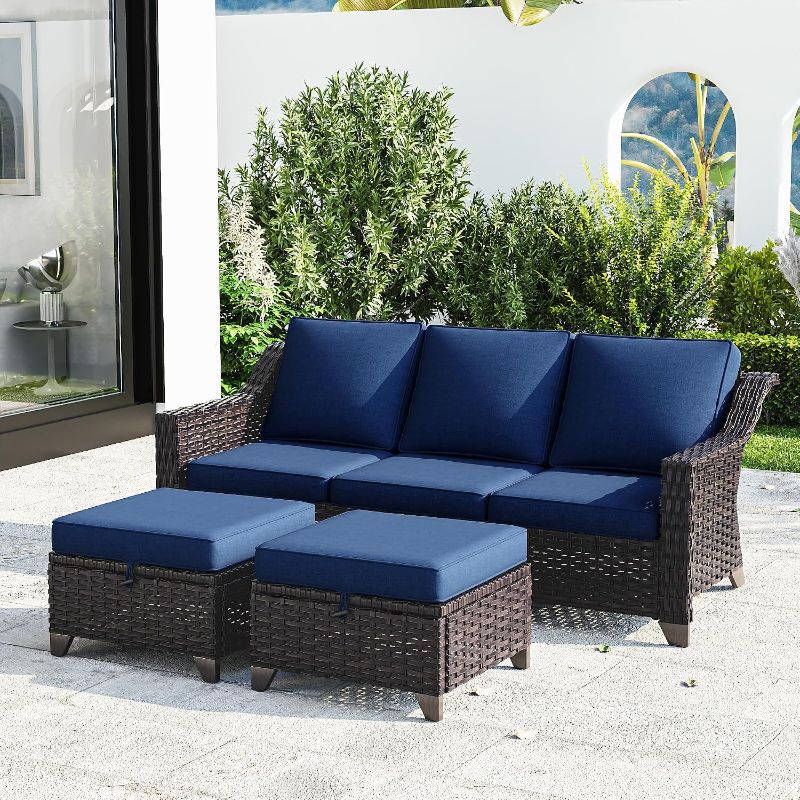 Photo 1 of Patio Furniture Set, 3 Pieces Outdoor Wicker High Back Sofa with Ottoman and Comfy Cushions, Upgraded Large Size, All Weather High Back Conversation Set, (Brown/Blue) New in factory seals and box