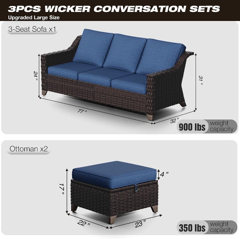 View 3 of Patio Furniture Set, 3 Pieces Outdoor Wicker High Back Sofa with Ottoman and Comfy Cushions, Upgraded Large Size, All Weather High Back Conversation Set, (Brown/Blue) New in factory seals and box