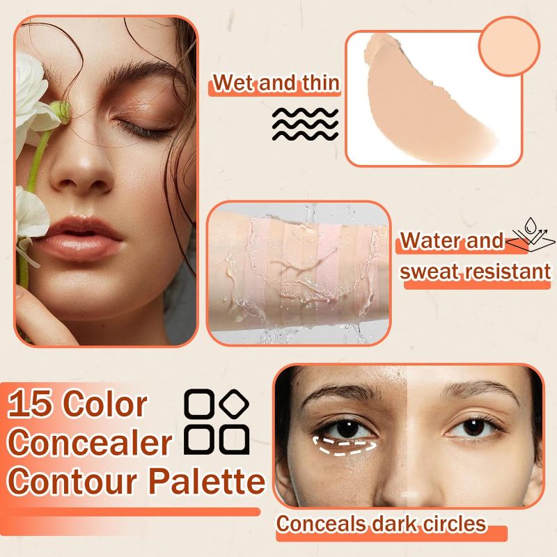 Photo 1 of 15 Colors Correcting Concealer Palette with Brush,Colors Corrector Palettes Long Lasting Moisturizing Cream Contour Makeup Palette