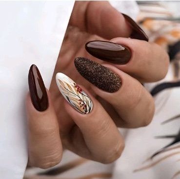 Photo 1 of Long Almond Fall / Autumn Nails Glitter Floral Simple Press On Nails