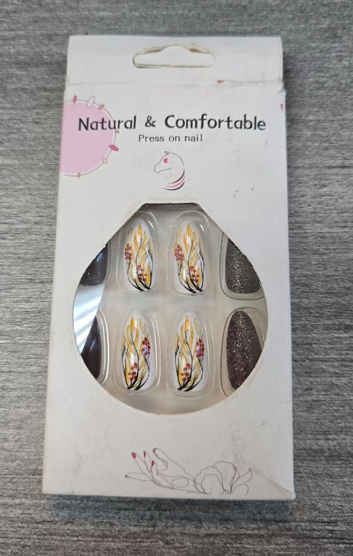 Photo 1 of Long Almond Fall / Autumn Nails Glitter Floral Simple Press On Nails