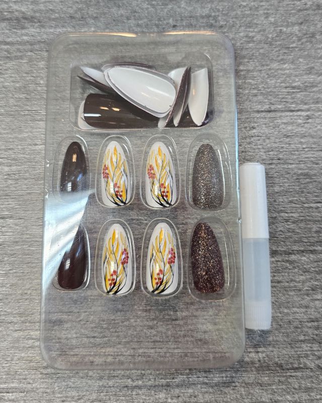 Photo 1 of Long Almond Fall / Autumn Nails Glitter Floral Simple Press On Nails