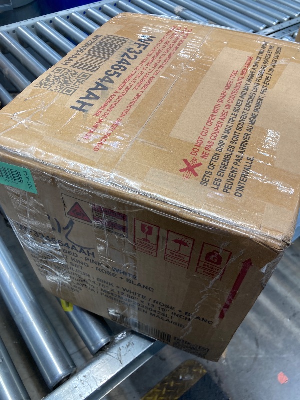 Photo 1 of **missing other boxes**Merax King Size Kids Floor Bed, Daybed Frame with Fence and Stairs, Upholstered Wood Bed for Living Room, White+Pink