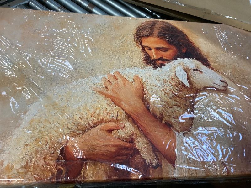 View 5 of **6 INCH BOX CUTTER TEAR BOTTOM CORNER***SERIMINO Jesus Christ Wall Art, Christian Lamb of God Extra Large Art Prints, The Lord Is My Shepherd Canvas Painting, Serenity Prayer Pictures Wall Decor Living Room Dining Room Church 29"X57"
