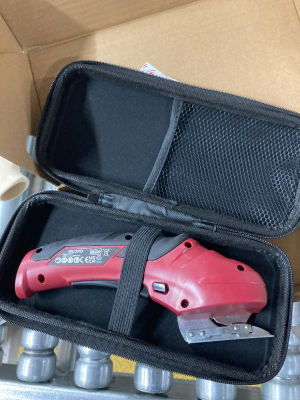 Photo 1 of ***MISSING PART -SELLING AS IS*** VLOXO Cordless Electric Scissors, Electric Box Cutter 4V Power Rotary Scissors Rechargeable Cardboard Cutter with Safety Lock Multi-Cutting Tools for Leather Carpet Canvas (Red)