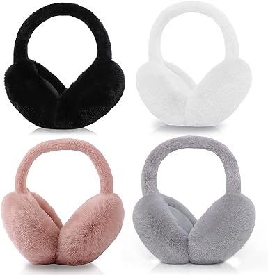 Photo 1 of **SIMILIAR COLOR**Ficerd 4 Pieces Unisex Knit Earmuffs Furry Fleece Winter Ear Muffs Warm Foldable Ear Covers Soft Ear Warmer for Women Men (Black, Gray, Dark Gray and Pink)