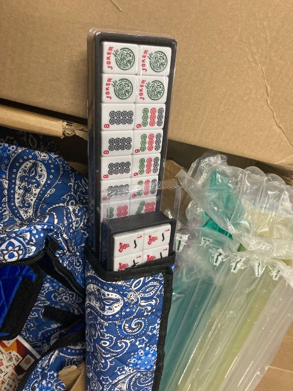 Photo 1 of **Racks are broken, PARTS ONLY/DAMAGED PARTS**GUSTARIA American Mahjong Game Set, 166 Quality White Tiles, 4 All-in-One Color Rack/Pushers, Mahjong Tile Set with Blue Printed Carrying Bag