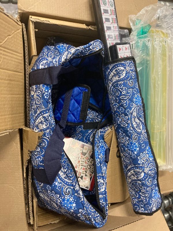 Photo 1 of **Racks are broken, PARTS ONLY/DAMAGED PARTS**GUSTARIA American Mahjong Game Set, 166 Quality White Tiles, 4 All-in-One Color Rack/Pushers, Mahjong Tile Set with Blue Printed Carrying Bag