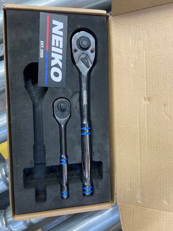 Photo 1 of **MISSING ONE**Neiko 03000A 100-Tooth Quick-Release Ratchet-Wrench Set, 1/4-Inch-, 3/8-Inch-, and 1/2-Inch-Drive Ratchets, 3.6-Degree Swing, CrMo Steel, 3-Piece Set