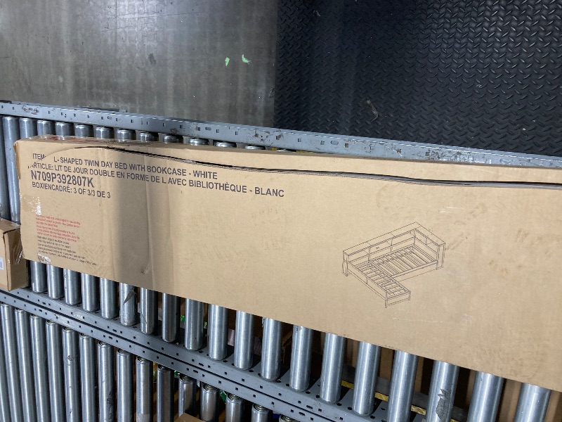 Photo 1 of **Missing Box1*** Twin Size L-Shaped Platform Bed with Trundle for 3 People, Wood Corner Daybed with 1 Drawer & 5 Storage Shelves & Charging Station for Bedroom.with 2 boxes