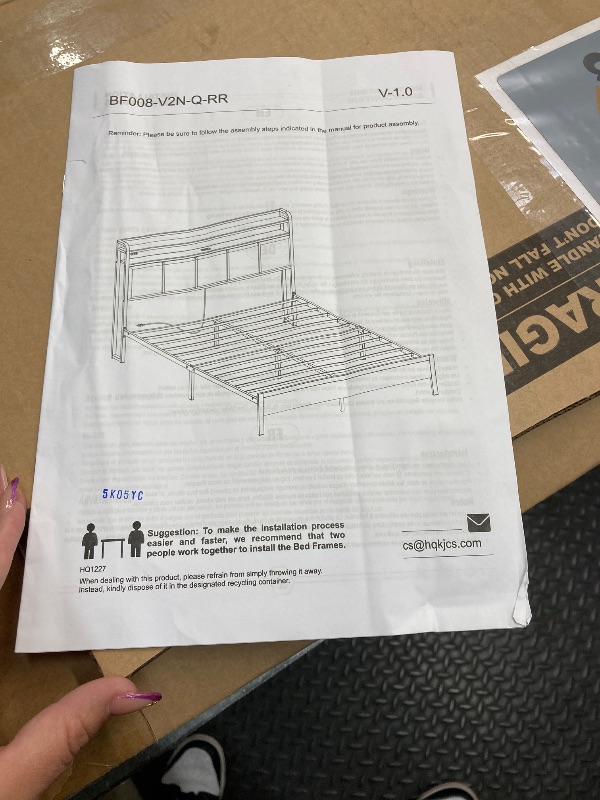 Photo 1 of ***Missing parts*** Bed Frame Queen Size with Charging Station and LED Lights, PU Leather Headboard with Storage Shelves, Heavy Duty Metal Slats, No Box Spring Need, Noise Free, Easy Assembly, Black***Missing parts***