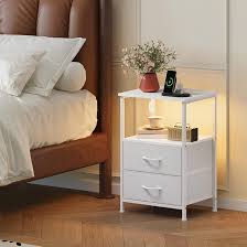 Photo 1 of **ONLY ONE TABLE**Somdot Nightstand End Table with Charging Station and LED Lights,Night Stand with 2 Fabric Drawers, End Table with Open Shelf, Small Nightstand for Bedroom, White Leather