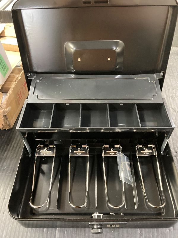 Photo 1 of ***SLIGHTLY BENT***Jssmst Locking Metal Cash Box with Coin Lid, 11.8L x 9.5W x 3.5H Inches, Safe Money Box with Combination Lock, Black, SM-CB0512B***SLIGHTLY BENT***