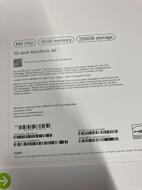 Photo 1 of ++CLOSED BY FACTORY+++Apple 2025 MacBook Air 13-inch Laptop with M4 chip: Built for Apple Intelligence, 13.6-inch Liquid Retina Display, 16GB Unified Memory, 256GB SSD Storage, 12MP Center Stage Camera, Touch ID; Midnight