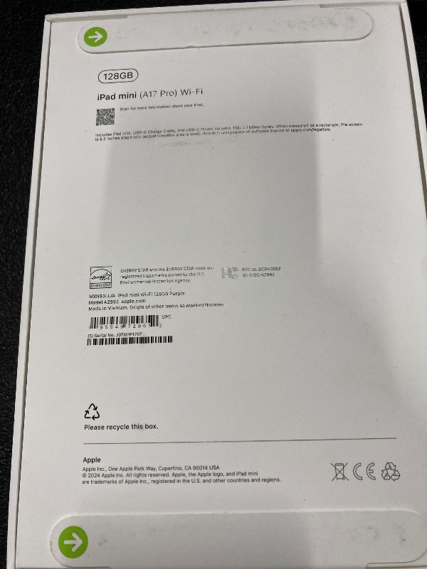 Photo 1 of ++CLOSED BY FACTORY+++Apple iPad mini (A17 Pro): Apple Intelligence, 8.3-inch Liquid Retina Display, 128GB, Wi-Fi 6E, 12MP Front/12MP Back Camera, Touch ID, All-Day Battery Life — Purple