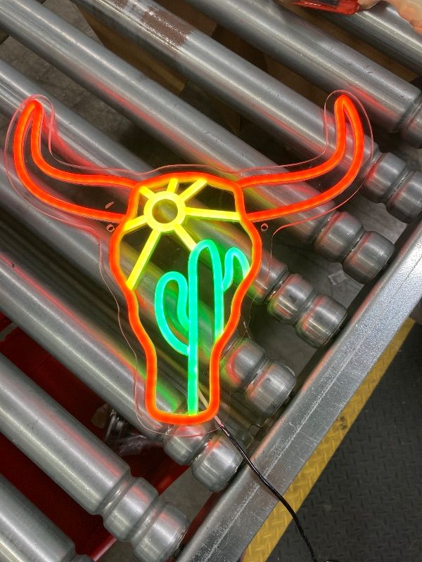 Photo 1 of **WIRE COVERED WITH INK/NOT IN ORIGINAL BOX**Bull Cactus Sun Neon Sign Texas Longhorn Bull Neon Lights for Bedroom Western Landscape LED Sign Cow Head Neon Lights Signs Orange Cowboy Light Up Signs for Wall Bar Man Cave Game Room Decor