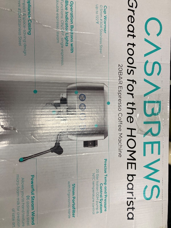 Photo 1 of ***Selling for parts only***CASABREWS 3700 Essential Espresso Machine 20 Bar, Stainless Steel Cappuccino & Latte Machine with Steam Frother for Home, 43.9oz Water Tank, Coffee Gift for Women & Men, Silver