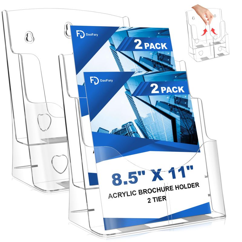 Photo 1 of *Piece broken* 2 Pack Acrylic Brochure Holder 8.5 x 11, 2 Tier Brochure Display Stand with Removable Divider for 4 x 9 inches Trifold Pamphlets, acrylic flyer holder 8.5 x 11 Stands for Flyer, Pamphlet, Magazine