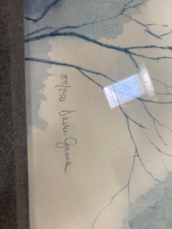 Photo 1 of **FRAME PAINT CHIPS/PAPER IN BACK TORN**Blue Tree Painting with Grey boarder by Davis