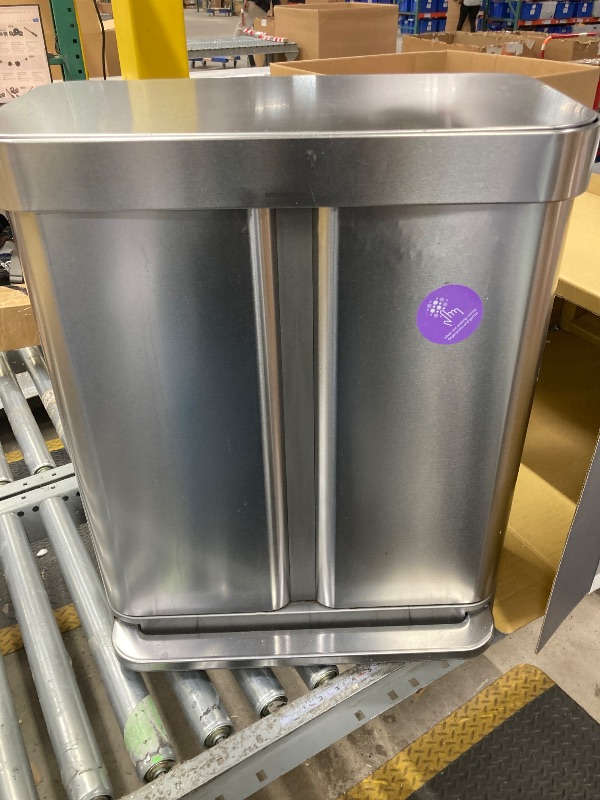 Photo 1 of **This item is damaged****simplehuman 58 Liter / 15.3 Gallon Rectangular Hands-Free Dual Compartment Recycling Kitchen Step Trash Can with Soft-Close Lid, Brushed Stainless Steel