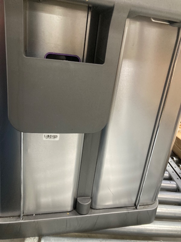 Photo 1 of **This item is damaged****simplehuman 58 Liter / 15.3 Gallon Rectangular Hands-Free Dual Compartment Recycling Kitchen Step Trash Can with Soft-Close Lid, Brushed Stainless Steel